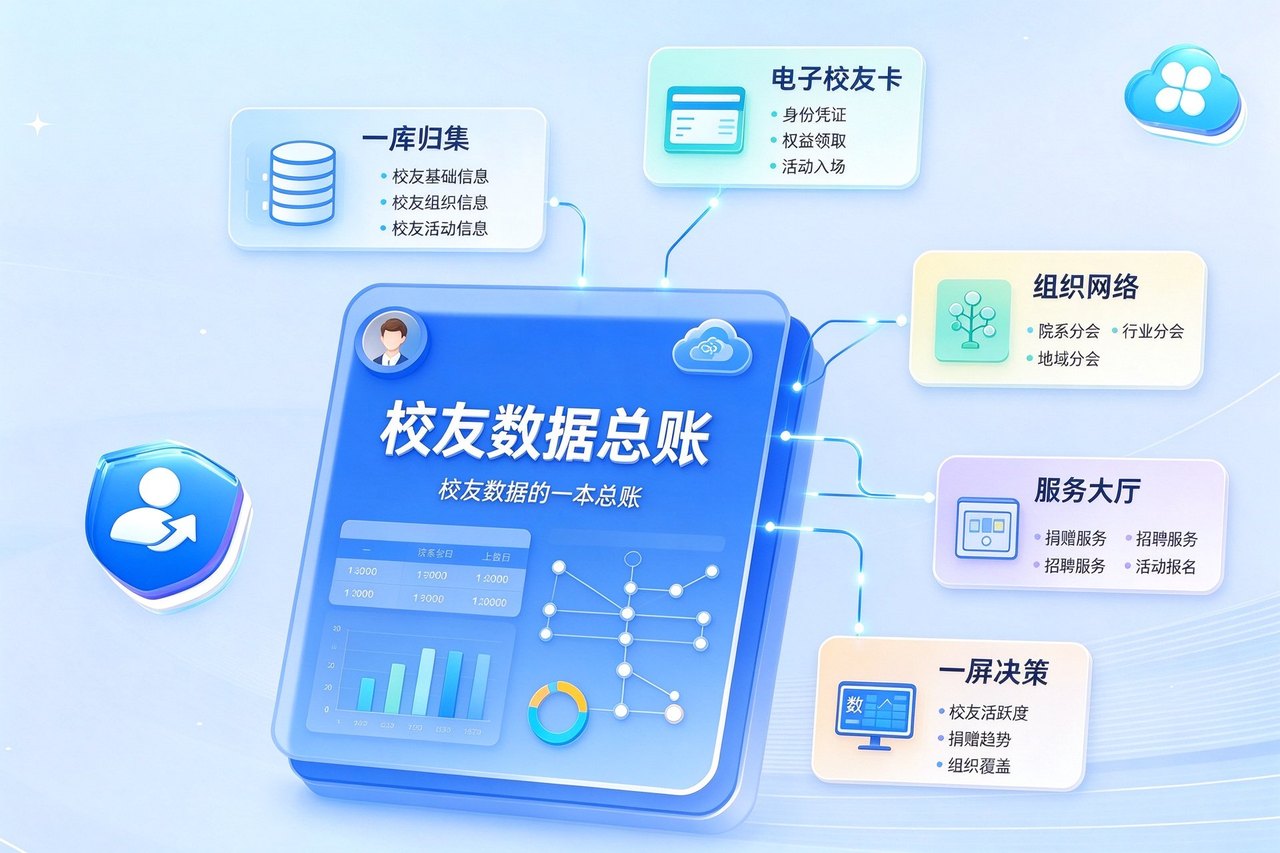校友数据总账：一库归集、电子校友卡、组织网络、服务大厅、一屏决策