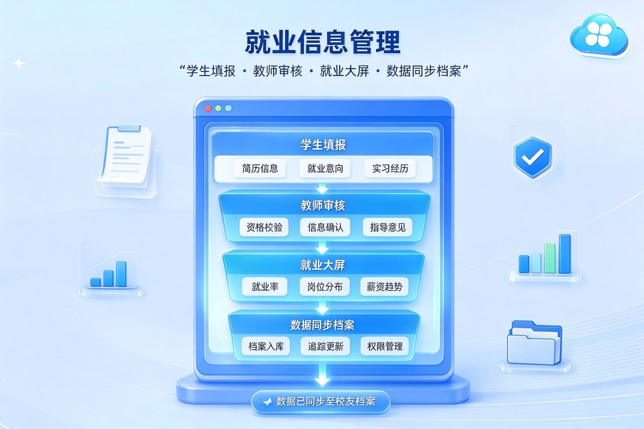 就业信息管理：学生填报、教师审核、就业大屏、数据同步校友档案